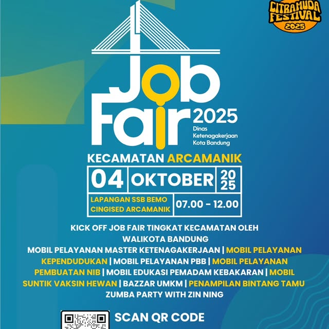 🎉 Job Fair Disnaker x Citra Muda Festival 2025 bukan sekadar bursa kerja, tapi juga ajang seru penuh hiburan dan layanan!

✨ Yang bisa kamu temukan di sini:
🚐 Mobil pelayanan dari Disnaker & instansi terkait
💃 Zumba bareng untuk hidup sehat & fun
🎤 Penampilan spesial dari guest star

📅 4 Oktober 2025
📍 Lapangan SSB BEMO CINGISED

Jangan lewatkan kesempatan karier sekaligus hiburan seru dalam satu hari! 🚀

#citramudafestival2025 #cmf2025 #jobfair #disnaker