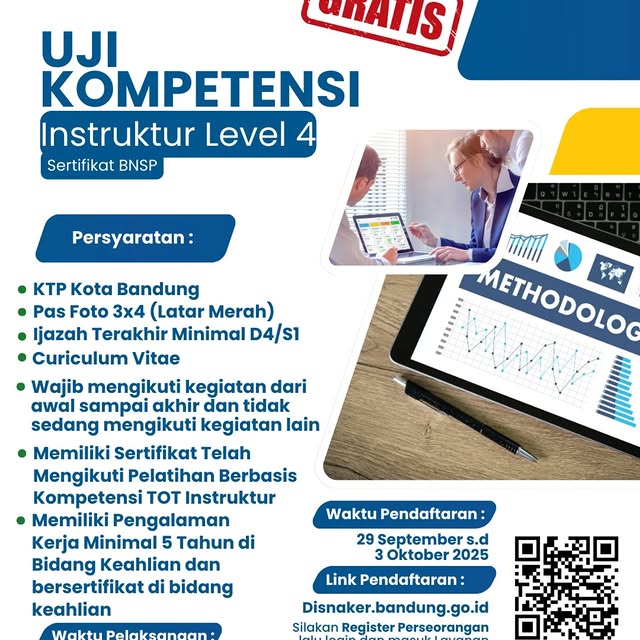 Sampurasun wargi Kota Bandung!
Disnaker Kota Bandung membuka kesempatan bagi para tenaga instruktur untuk mengikuti Uji Kompetensi Instruktur Level 4 dengan sertifikat resmi dari BNSP (GRATIS).

Program ini bertujuan untuk meningkatkan kualitas dan profesionalisme instruktur.

📌 Waktu Pendaftaran
29 September s.d. 3 Oktober 2025

📌 Waktu Pelaksanaan
28 s.d. 30 Oktober 2025

📌 Link Pendaftaran
👉 disnaker.bandung.go.id
Silakan pilih Register Perseorangan, lalu masuk ke layanan LT-07 Uji Kompetensi.

📝 Persyaratan umum
-	KTP Kota Bandung
-	Pas foto 3x4 (latar merah)
-	Ijazah terakhir minimal D4/S1
-	Curriculum Vitae
-	Wajib mengikuti kegiatan dari awal hingga akhir
-	Memiliki sertifikat pelatihan berbasis kompetensi TOT Instruktur
-	Memiliki pengalaman kerja minimal 5 tahun di bidang keahlian dan bersertifikat di bidang keahlian

Jangan lewatkan kesempatan ini, daftarkan diri Anda segera!

@hmfarhanbdg
@kangerwin_bdg
@iskandar5070
@halobandung
@humas_bandung
@andri_darusman
@dicky.wishnu

#Sertifikasi #Disnaker #ProgramDisnaker #UjiKompetensi